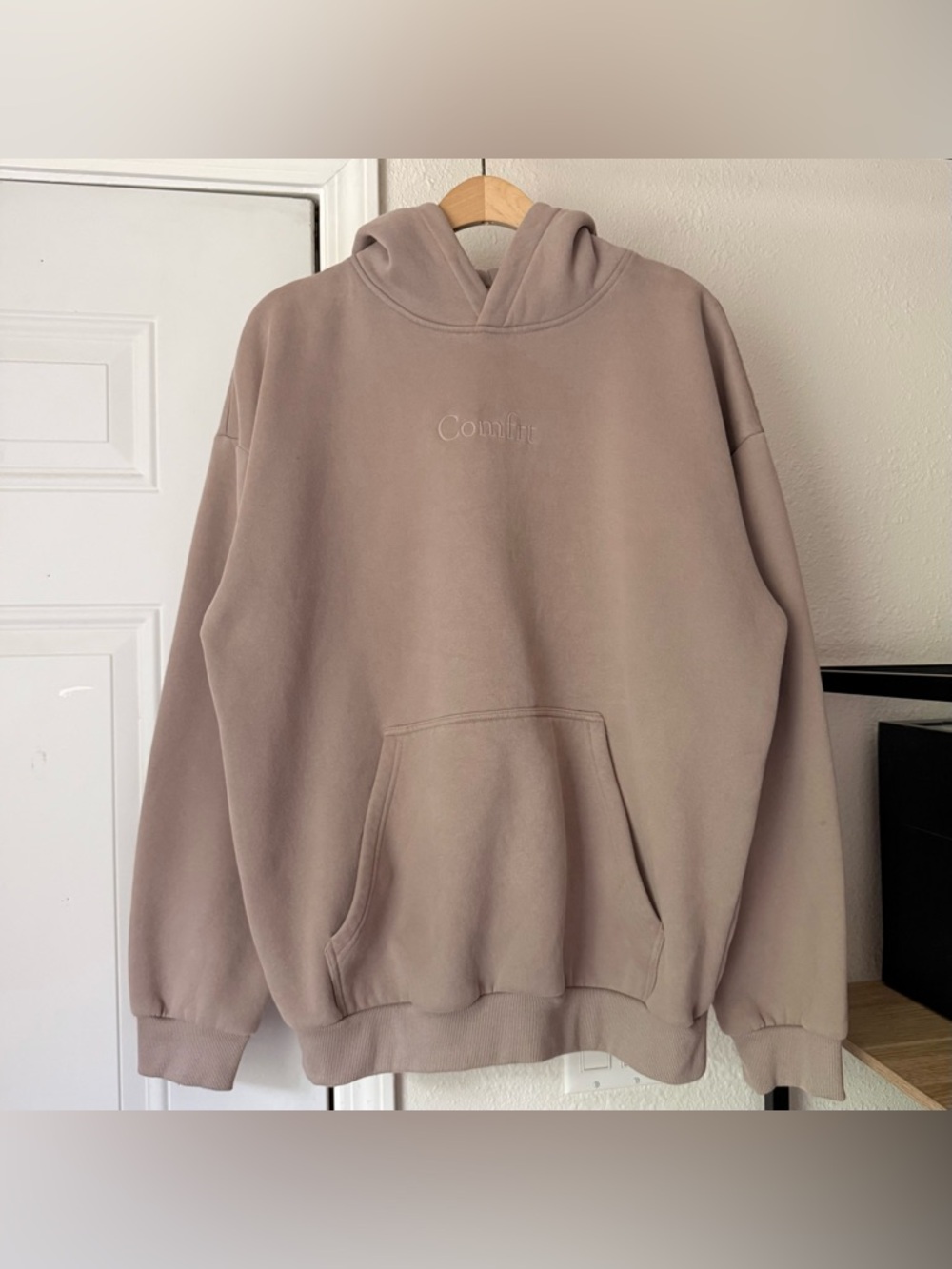 COMFRT tan taupe logo oversized cotton fleece soft pullover hoodie sweater